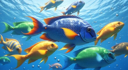 Vibrant School of Colorful Fish Swimming in Clear Blue Water with Bubbles