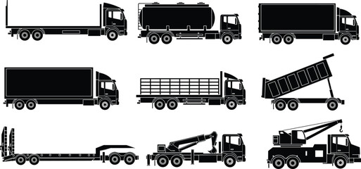Set of black truck silhouettes isolated on white background, vector illustration collection of heavy transport vehicles for delivery logistics and cargo design. © Faruk Here
