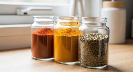 Vibrant Spices in Glass Jars: Paprika, Turmeric, and Herbs on Wooden Surface
