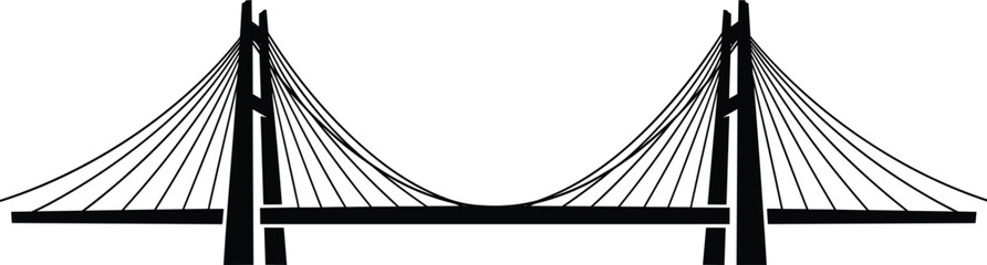 Obraz premium Silhouette of modern suspension bridge isolated on white background, vector illustration of cable stayed architecture for city skyline and travel transport design.