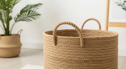 Woven Jute Basket with Rope Handles in Minimalist Interior Setting