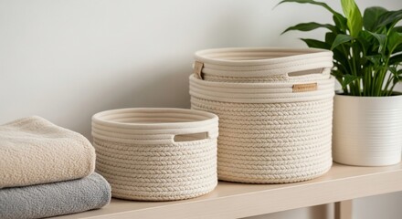 Woven Storage Baskets with Towels and Plant, Neutral Tones, Home Decor
