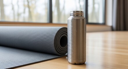 Yoga Mat and Water Bottle on Wooden Floor, Fitness Still Life, Wellness Concept