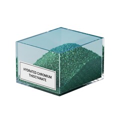 A transparent glass container holding a pile of hydrated chromium thiocyanate crystals viewed from an angled perspective