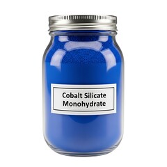 Cobalt silicate monohydrate powder in a glass jar with a metal lid on a white surface viewed from the front