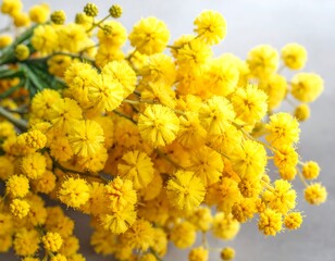 Vibrant yellow mimosa flowers in full bloom, resting on a soft grey surface in a sunlit still-life composition