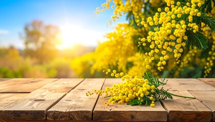 Vibrant yellow mimosa flowers on a wooden surface, basking in sunlit spring atmosphere against a blue sky