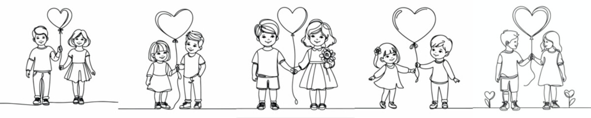 line art of two children standing giving a valentine's love shaped balloon