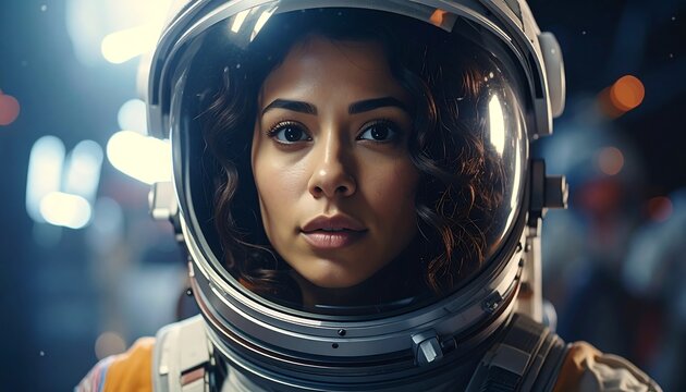 A captivating portrait of a woman in an astronaut helmet, gazing directly at the viewer with a thoughtful expression