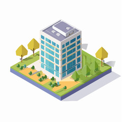 Isometric view of a modern office building surrounded by trees and grass, representing urban development