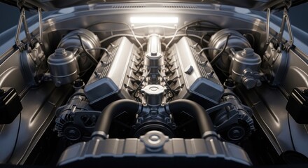 Fototapeta premium Close-up of a gleaming, metallic car engine with intricate details, viewed from above