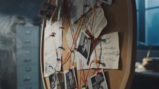 Detective's Corkboard Investigation with Crime Scene Photos and Red Thread Connections in a Dark Office for Crime Scene
