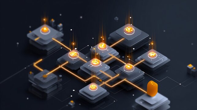 Isometric digital network illustration with interconnected geometric blocks and glowing orange lines, representing data processing and complex systems in a futuristic style.