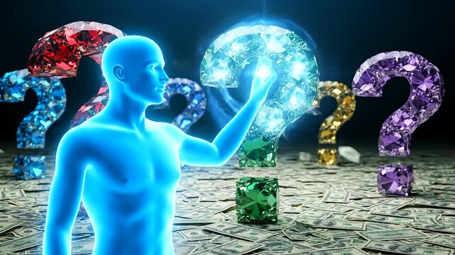 Abstract visualization of an AI financial advisor contemplating glowing gemstone question marks and scattered money, representing complex investment choices.
