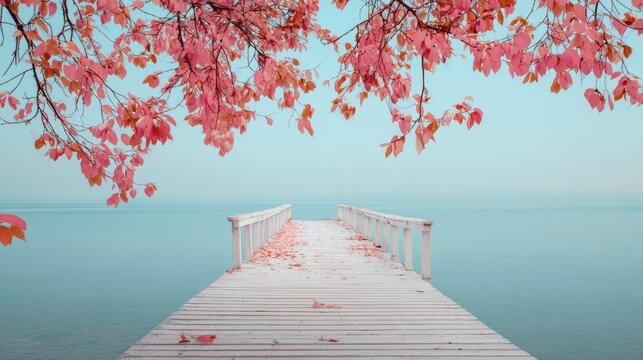Wooden pier under autumn leaves by calm lake