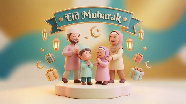Joyful Muslim family celebrating Eid Mubarak together in a 3D cartoon illustration.
