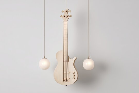 A unique light fixture shaped like a baritone ukulele crafted from light maple wood, elegantly suspended