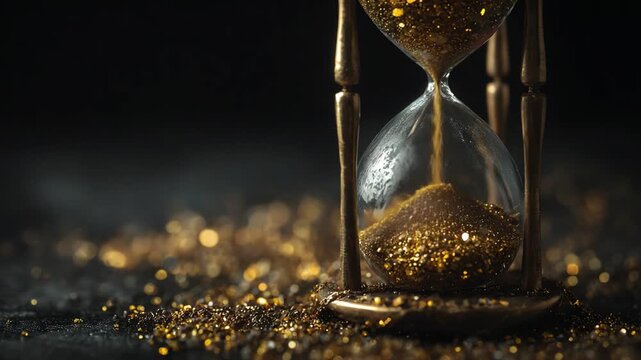 Timeless Essence: Golden hour passes, the hourglass reveals the preciousness of time, with golden sand flowing symbolizing fleeting moments. 