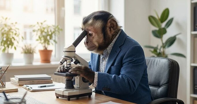 Primate in professional attire examining microscope in office setting