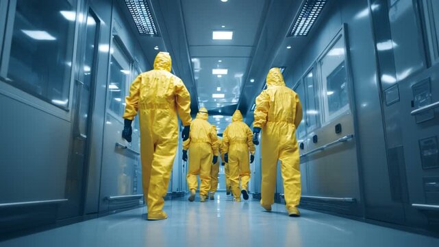 Hazard Suit Team Investigation: A group of individuals clad in vibrant yellow hazard suits navigates a sterile environment, underscoring the gravity and intensity of their specialized mission.