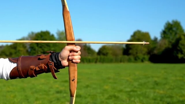 Hand holding bow and arrow in a green field.