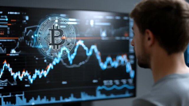 Bitcoin Analysis: An individual closely examines a digital chart of Bitcoin, highlighting the fluctuating patterns of the cryptocurrency in a modern financial context.