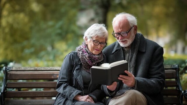 Shared Moment: A serene elderly couple engrossed in a shared book, seated on a park bench, immersed in a moment of tranquil togetherness and intellectual curiosity.