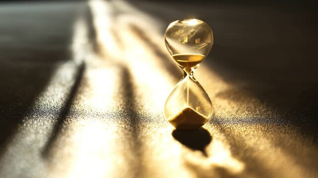 Time's Golden Passage: An elegant hourglass sits poised, its golden sand slowly trickling through, casting a long, symbolic shadow that speaks of time's ceaseless flow.