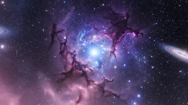 slow motion space cinematic video peaceful view of deep cosmos stars nebulae and galaxies colorful clouds floating softly purple blue pink colors serene universe mood smooth movement high quality spac