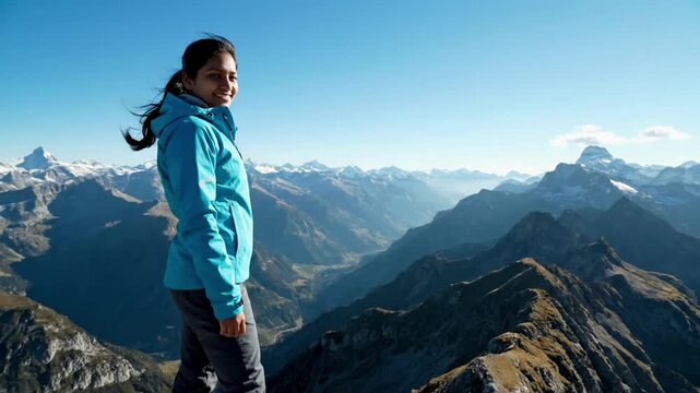 Woman standing on mountain peak enjoying scenic view.