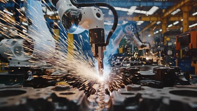 A powerful industrial robotic arm performs precision welding on metal components, creating a spectacular shower of bright sparks in a modern, automated manufacturing factory, symbolizing advanced tec.