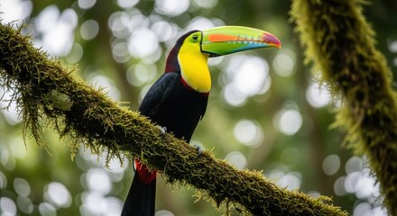 Naklejka premium Vibrant toucan perched on a mossy branch, showcasing its colorful beak against a blurred forest
