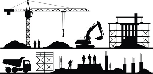 Construction site silhouette vector with tower crane, excavator, dump truck and workers, building framework, heavy machinery, industrial civil engineering illustration © SreeKhamol