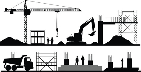 Construction site silhouette vector with tower crane, excavator, dump truck and workers, building framework, heavy machinery, industrial civil engineering illustration © SreeKhamol
