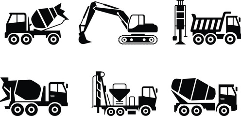 Construction vehicle silhouette set with concrete mixer trucks, excavator, drilling rig and dump truck, heavy machinery vector illustration for industrial building projects © SreeKhamol