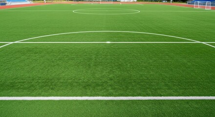 Obraz premium Wide shot of a green soccer field with white lines, center circle, and goal posts