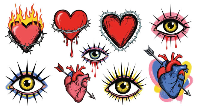 Collection of traditional tattoo style hearts and eyes with flames, thorns, and arrows.