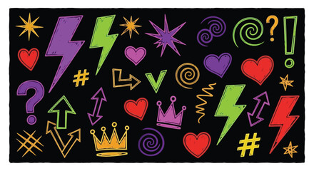Fototapeta premium Hand drawn doodle set with various colorful symbols and icons.
