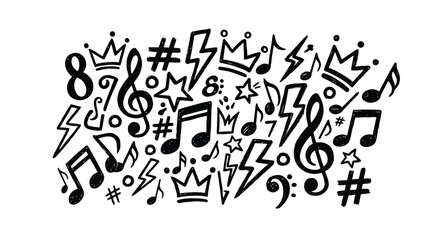Hand drawn musical notes and symbols doodle pattern.