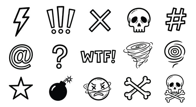 Collection of hand drawn doodle style swear word symbols and expletive icons.
