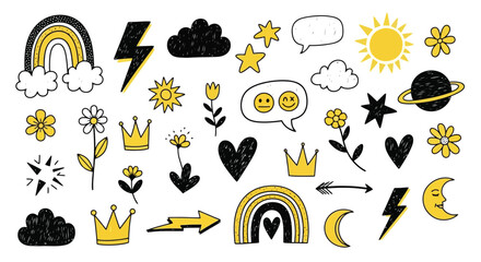 Hand-drawn doodle set with various cute and whimsical elements, including rainbows, clouds, suns, moons, stars, flowers, crowns, hearts, and lightning bolts. © Muginandaru