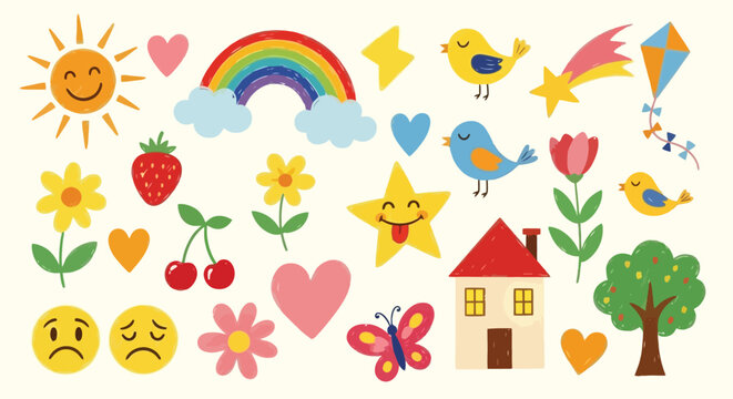 Collection of colorful cartoon illustrations for children.