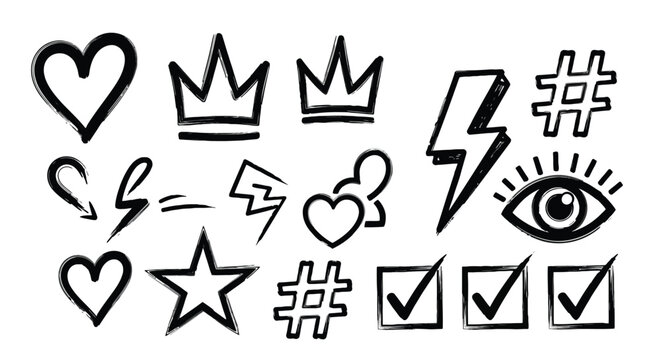 Hand drawn doodle set with hearts crowns lightning bolts hashtags eyes stars and checkmarks.