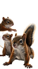 Fototapeta premium Three Realistic Squirrels With Brown Fur And Bright Eyes Illuminated In Soft Light