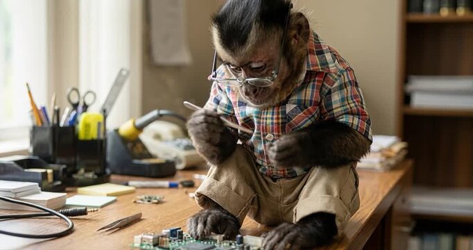 Primate wearing eyeglasses inspecting computer parts on a desk