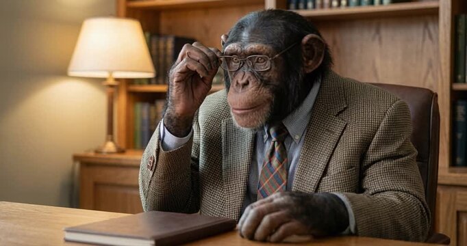 Primate wearing glasses and business attire seated at desk
