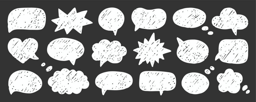 Hand-drawn speech bubbles and thought clouds in various shapes.