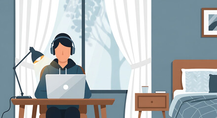 Fototapeta premium Focused Young Person Working Remotely from Home Office Setup. Illustration of a Student Studying Online with Laptop and Headphones in a Modern Bedroom Workspace