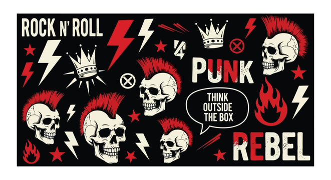 Punk rock rebel skulls with mohawks and crowns.