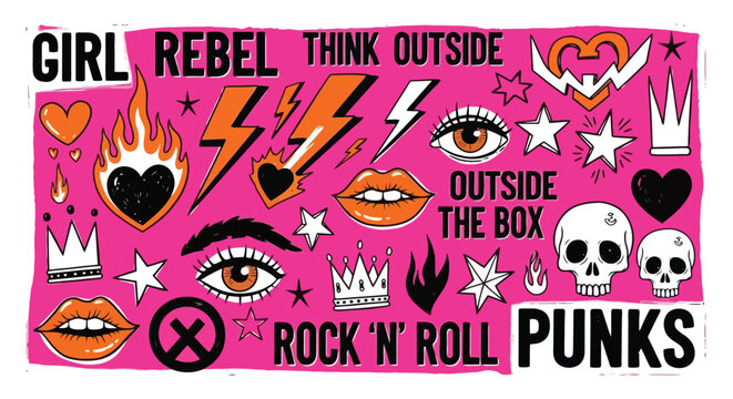 Vibrant punk rock and rebel themed graphic design elements.
